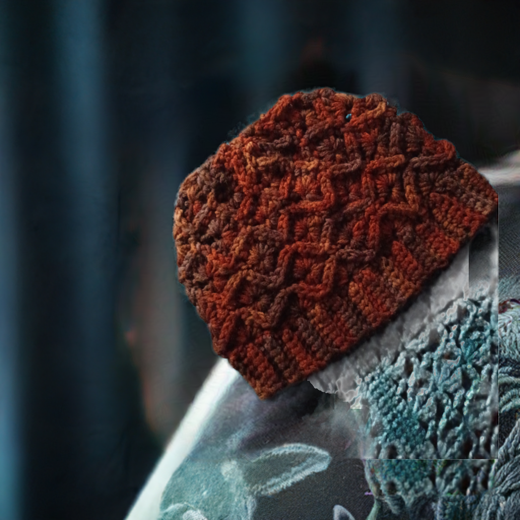 Handmade variegated dark brown crocheted winter beanie hat with unique design.