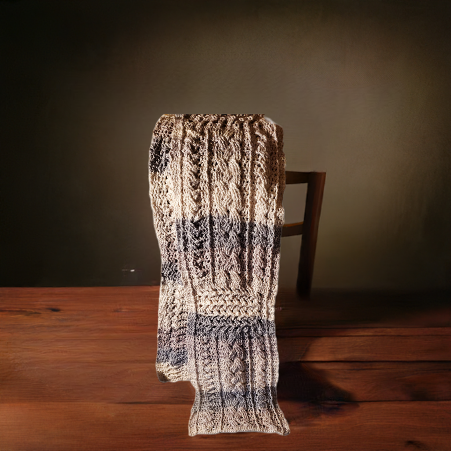 Handmade gray and white crocheted cotton cable scarf for women, stylish winter fashion accessory.