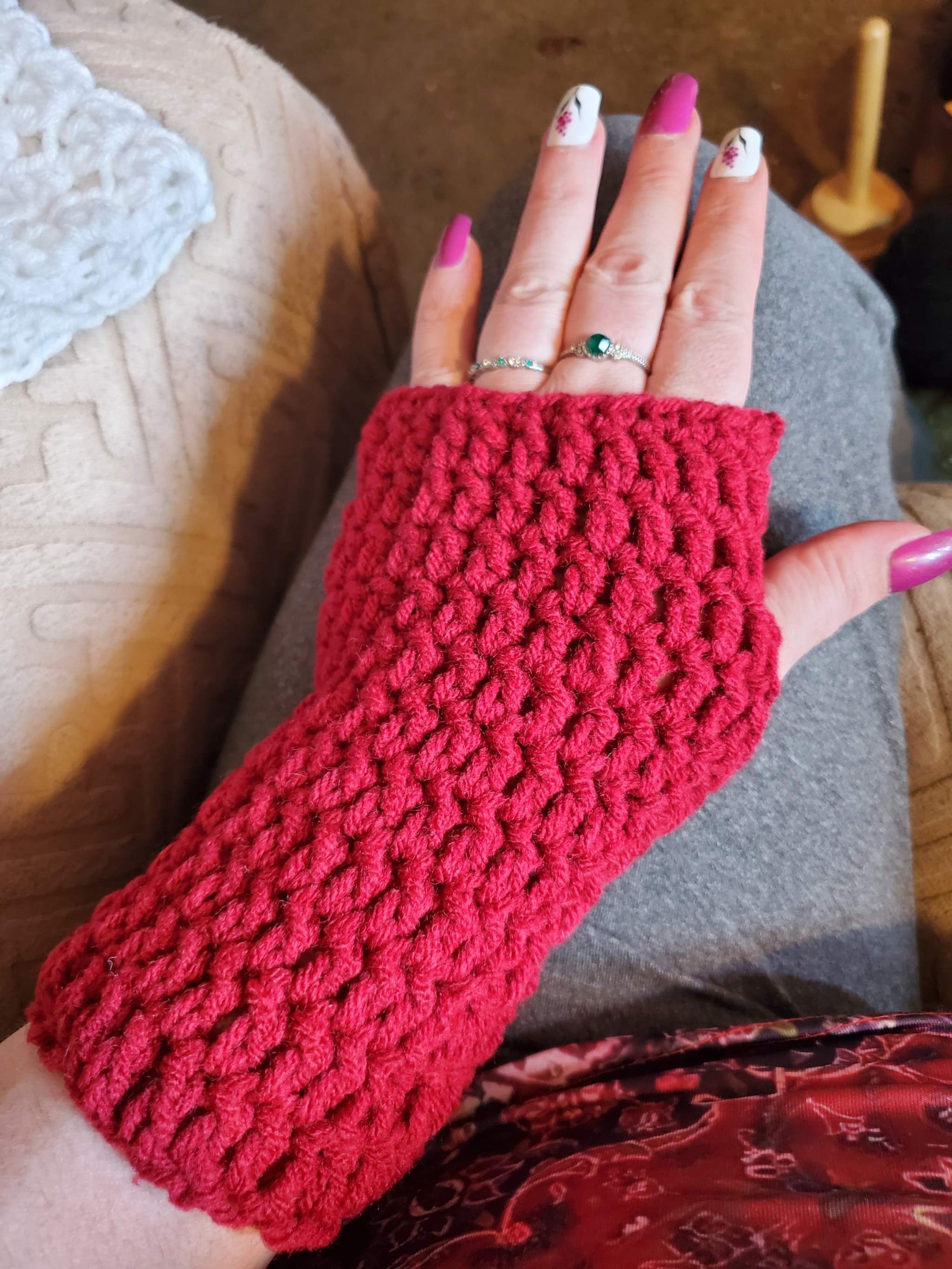 Red cozy fingerless gloves for teens or adults.