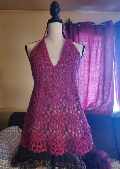 Pink lacy crochet halter top with vintage scalloped hem.
