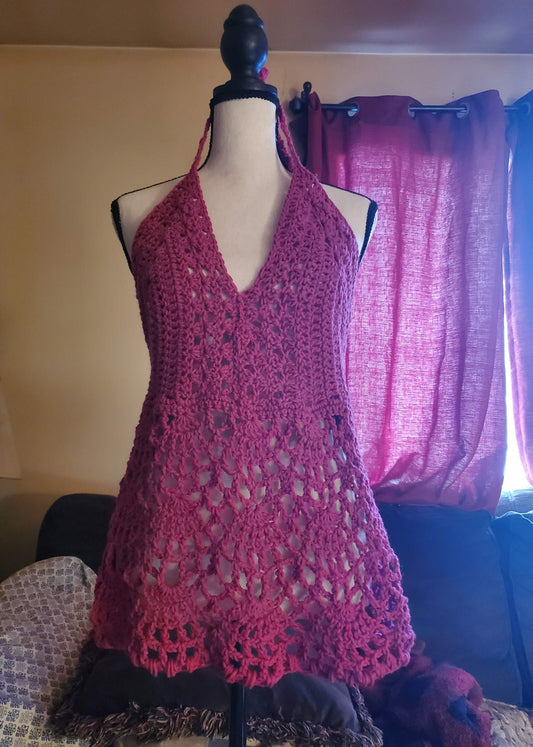Pink lacy crochet halter top with vintage scalloped hem.