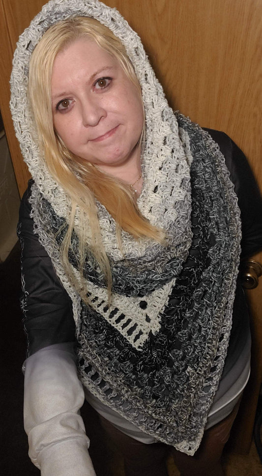 Boho Hooded Triangle Scarf in black and white ombre, handmade and crocheted.